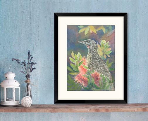 A Red Wattlebird perched in crimson bottlebrush and foliage with hints of backlghting on a darkish watercolour abstract background.