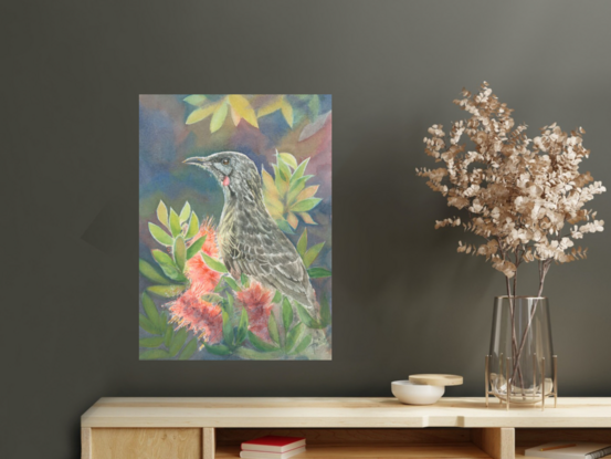 A Red Wattlebird perched in crimson bottlebrush and foliage with hints of backlghting on a darkish watercolour abstract background.