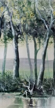 Trees & water with a green tone overall. Framed in white timber.  No glass needed