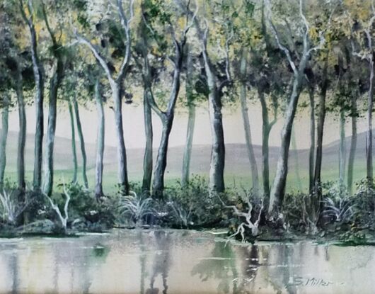 Trees & water with a green tone overall. Framed in white timber.  No glass needed