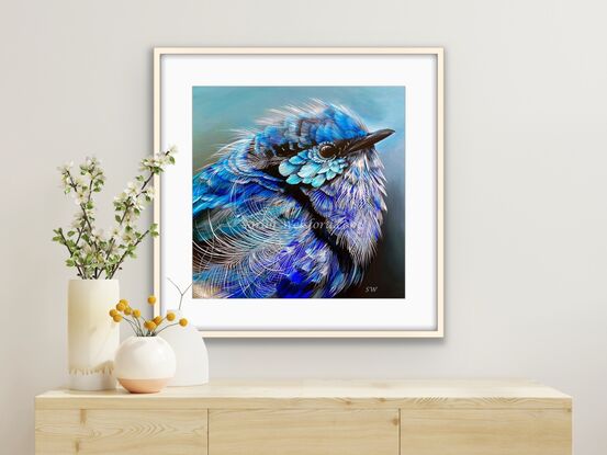 This  fine art print is of an Original painting of an ‘up close’ acrylic realism painting of a splendid fairy wren.