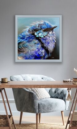 This  fine art print is of an Original painting of an ‘up close’ acrylic realism painting of a splendid fairy wren.