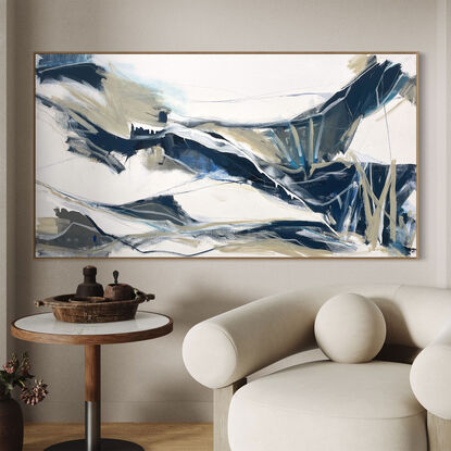 bold textured marks in light and dark blues with areas of white, beige, e expressive marks across a large canvas