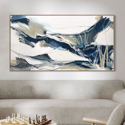 bold textured marks in light and dark blues with areas of white, beige, e expressive marks across a large canvas