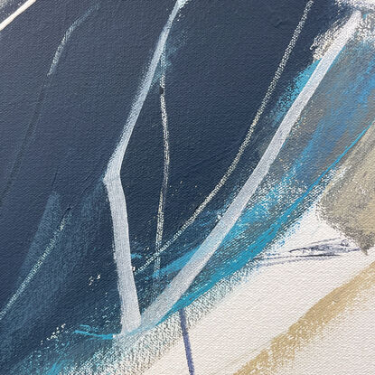 bold textured marks in light and dark blues with areas of white, beige, e expressive marks across a large canvas