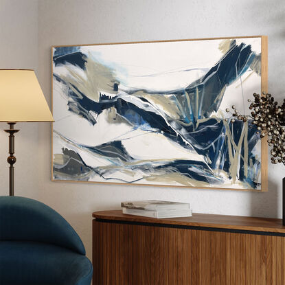 bold textured marks in light and dark blues with areas of white, beige, e expressive marks across a large canvas