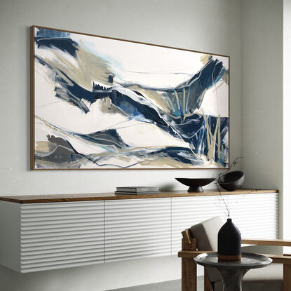 bold textured marks in light and dark blues with areas of white, beige, e expressive marks across a large canvas