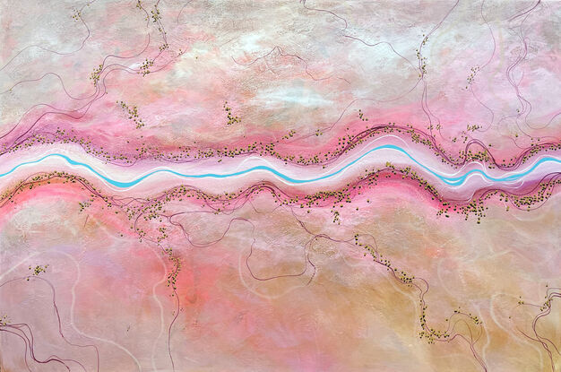 The Sweetest Stream is a colourful textured aerial landscape in pink and peach tones with vivid blue winding river dotted with tiny trees running horizontally through the landscape.