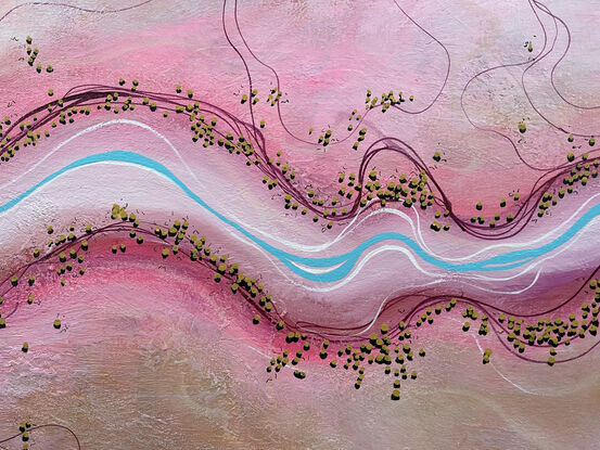 The Sweetest Stream is a colourful textured aerial landscape in pink and peach tones with vivid blue winding river dotted with tiny trees running horizontally through the landscape.