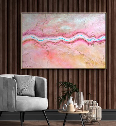 The Sweetest Stream is a colourful textured aerial landscape in pink and peach tones with vivid blue winding river dotted with tiny trees running horizontally through the landscape.