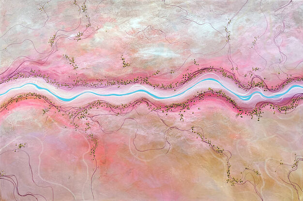 The Sweetest Stream is a colourful textured aerial landscape in pink and peach tones with vivid blue winding river dotted with tiny trees running horizontally through the landscape.