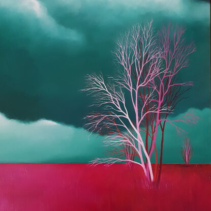 Australian landscape with dark teal sky and fields of grass in hot pink and red, multi coloured pink birch trees in the foreground, Lucinda Leveille