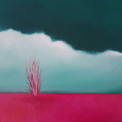 Australian landscape with dark teal sky and fields of grass in hot pink and red, multi coloured pink birch trees in the foreground, Lucinda Leveille