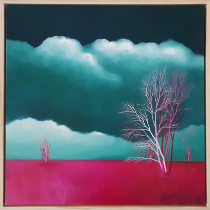 Australian landscape with dark teal sky and fields of grass in hot pink and red, multi coloured pink birch trees in the foreground, Lucinda Leveille