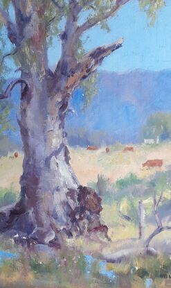 Blue sky, gumtree, blue mountains,brown cows, green grass,blue water