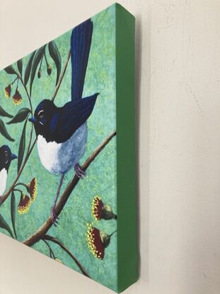 Two Willy Wagtails chattering away on branches with red gum blossoms and gum leaves. The background is light green.