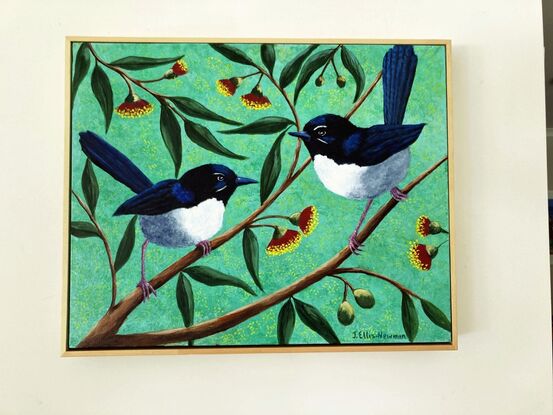 Two Willy Wagtails chattering away on branches with red gum blossoms and gum leaves. The background is light green.