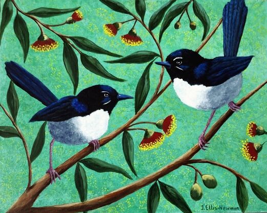 Two Willy Wagtails chattering away on branches with red gum blossoms and gum leaves. The background is light green.