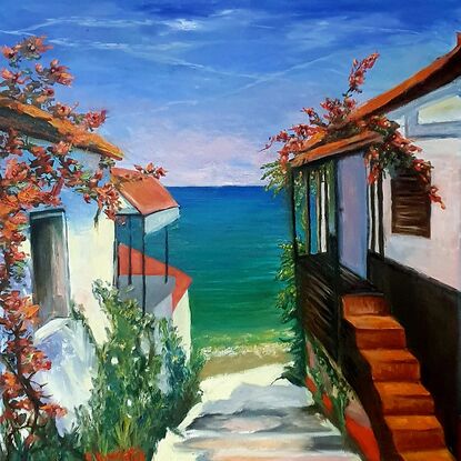 #oilpainting #greekwaters #perspectivepaintinggreece #artworkoninstagram #buildings greece