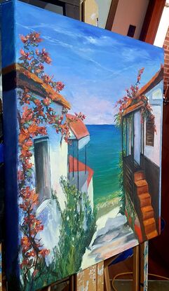 #oilpainting #greekwaters #perspectivepaintinggreece #artworkoninstagram #buildings greece