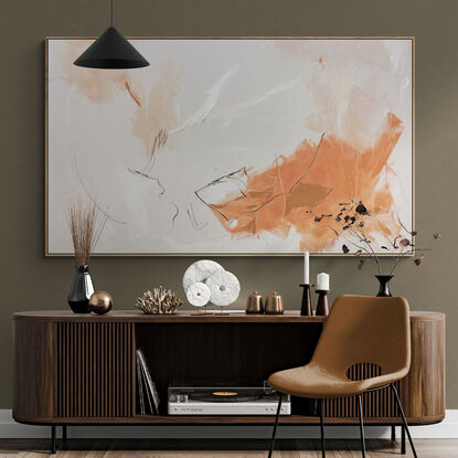 subtle warm neutral tones and white, beige, peach, apricot, mixed with grey expressive makes across the canvas.