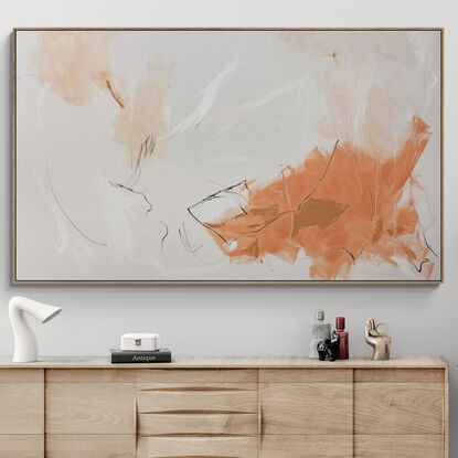 subtle warm neutral tones and white, beige, peach, apricot, mixed with grey expressive makes across the canvas.