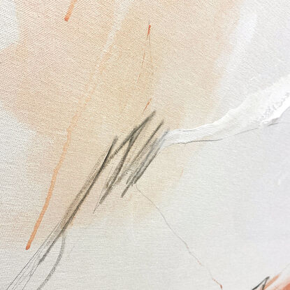 subtle warm neutral tones and white, beige, peach, apricot, mixed with grey expressive makes across the canvas.