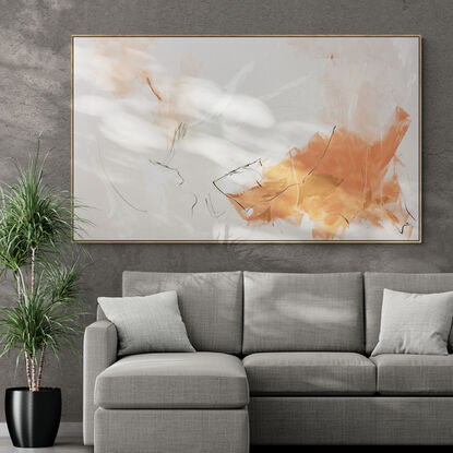 subtle warm neutral tones and white, beige, peach, apricot, mixed with grey expressive makes across the canvas.