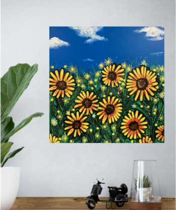 A field of beautiful stylised sun flowers standing bright against a vibrant  blue sky.