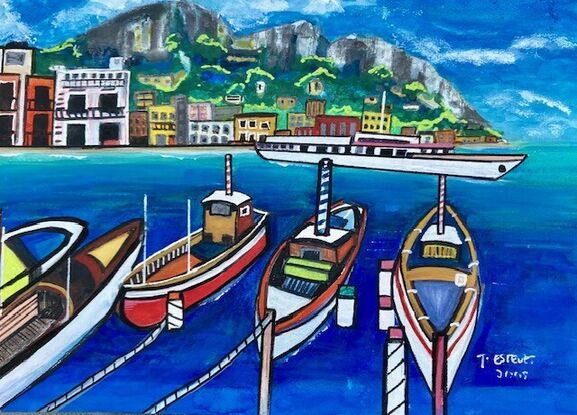 In this vibrant watercolor painting, I capture the breathtaking beauty of the Italian Amalfi Coast. The scene features a picturesque view of docked boats gently swaying in the harbour, facing charming buildings that nestle against the backdrop of a majestic mountain. The bright colours bring to life the harmonious blend of natural and architectural splendour, evoking the warmth and vitality of this Mediterranean paradise. Each brushstroke reflects the serene yet dynamic atmosphere of the coast, inviting viewers to immerse themselves in the tranquil allure and timeless charm of Amalfi.