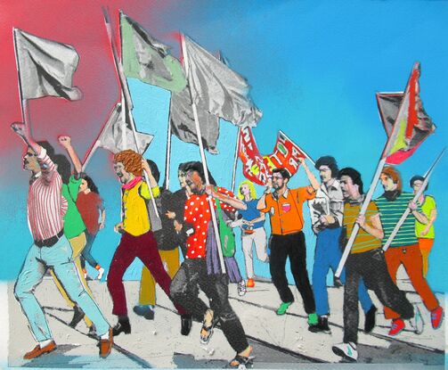 The artwork is representing a group of students and workers running together during the strikes of the 70's in Europe.  There was a sense of solidarity between the working masses and the intellectual ones. Today those categories are fused and exploited at the same level, where the multitude of the masses are controlled and exploited through their intelligence