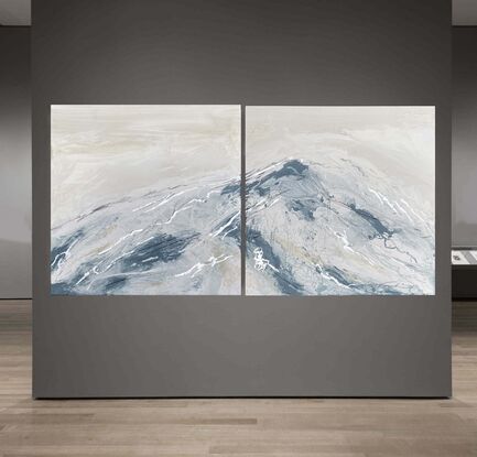 A large abstract landscape painting showing a mountain landscape at night with metallic copper leaf.