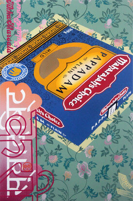 Oversized bold graphic painting of a packet of pappadam with a pale yellow outline. The background is a joyous flower pattern with pink, raspberry and white coloured words over the top with the word 'celebration' in the bottom right corner in pale yellow.