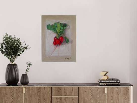 Bunch of radish lying flat on white background casting shadow