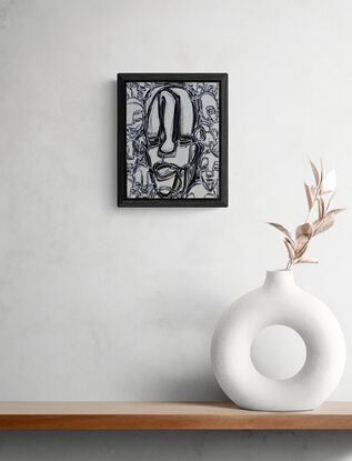 a small collectable monochromatic abstract expressionist painting of portraits created in layers of textured black and white acrylic paint. framed and ready to hang.