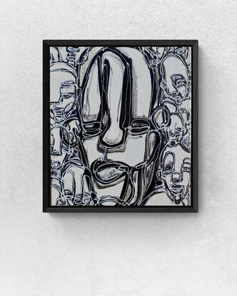 a small collectable monochromatic abstract expressionist painting of portraits created in layers of textured black and white acrylic paint. framed and ready to hang.