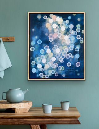 Abstract painting with dots and organic forms reminiscent of science, the sea or underwater. Colourful with many layers of colour and floating forms. Photographic lights, like bokeh. A unique mixing of original abstract art with microbiology and science. Cellular art. Jelly fish forms. Blue and White and some pale grey tones. Calming and peaceful.