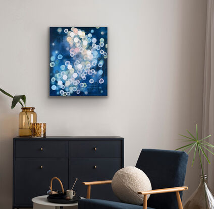 Abstract painting with dots and organic forms reminiscent of science, the sea or underwater. Colourful with many layers of colour and floating forms. Photographic lights, like bokeh. A unique mixing of original abstract art with microbiology and science. Cellular art. Jelly fish forms. Blue and White and some pale grey tones. Calming and peaceful.