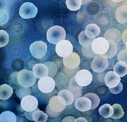 Abstract painting with dots and organic forms reminiscent of science, the sea or underwater. Colourful with many layers of colour and floating forms. Photographic lights, like bokeh. A unique mixing of original abstract art with microbiology and science. Cellular art. Jelly fish forms. Blue and White and some pale grey tones. Calming and peaceful.