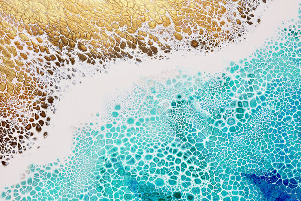 ABSTRACT painting that gives the impression of soothing ocean waves lapping in to soft sandy beach with slow easy waves creating crests of white..  The intricate mosaic pattern within the tonal blue hues and the glimmering metallics adds added interest and intrigue. 
The ocean is a gorgeous combination of aquamarine, turquoise, blues.
The closer you get to the painting the more of the interesting details and patterns you can see. Metallics add an extra depth because the painting changes personality when one views from different angles.  It was inspired by Borneo as we watched the Amazing Race Australia Celebrity, but it could be the shores of northern Queensland in Australia or any tropical beach!