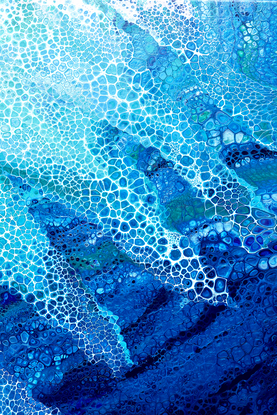 ABSTRACT painting that gives the impression of soothing ocean waves lapping in to soft sandy beach with slow easy waves creating crests of white..  The intricate mosaic pattern within the tonal blue hues and the glimmering metallics adds added interest and intrigue. 
The ocean is a gorgeous combination of aquamarine, turquoise, blues.
The closer you get to the painting the more of the interesting details and patterns you can see. Metallics add an extra depth because the painting changes personality when one views from different angles.  It was inspired by Borneo as we watched the Amazing Race Australia Celebrity, but it could be the shores of northern Queensland in Australia or any tropical beach!