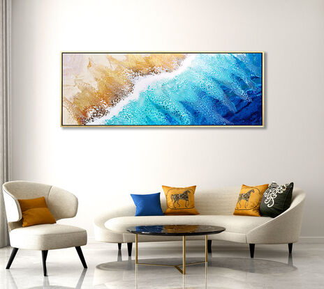 ABSTRACT painting that gives the impression of soothing ocean waves lapping in to soft sandy beach with slow easy waves creating crests of white..  The intricate mosaic pattern within the tonal blue hues and the glimmering metallics adds added interest and intrigue. 
The ocean is a gorgeous combination of aquamarine, turquoise, blues.
The closer you get to the painting the more of the interesting details and patterns you can see. Metallics add an extra depth because the painting changes personality when one views from different angles.  It was inspired by Borneo as we watched the Amazing Race Australia Celebrity, but it could be the shores of northern Queensland in Australia or any tropical beach!