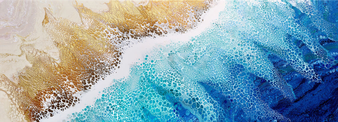 ABSTRACT painting that gives the impression of soothing ocean waves lapping in to soft sandy beach with slow easy waves creating crests of white..  The intricate mosaic pattern within the tonal blue hues and the glimmering metallics adds added interest and intrigue. 
The ocean is a gorgeous combination of aquamarine, turquoise, blues.
The closer you get to the painting the more of the interesting details and patterns you can see. Metallics add an extra depth because the painting changes personality when one views from different angles.  It was inspired by Borneo as we watched the Amazing Race Australia Celebrity, but it could be the shores of northern Queensland in Australia or any tropical beach!