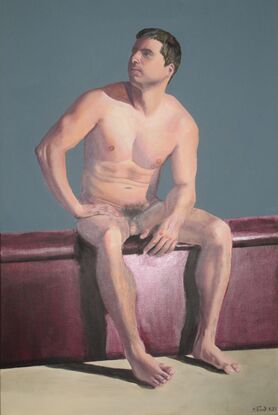 3/4 view of nude man sitting on bench, looking aside with hands on legs