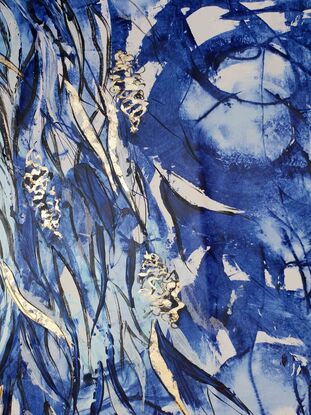 An abstract of Banksia flowers and leaves in delft blue and white with gold leaf.  