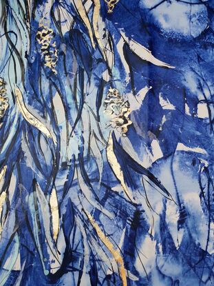 An abstract of Banksia flowers and leaves in delft blue and white with gold leaf.  