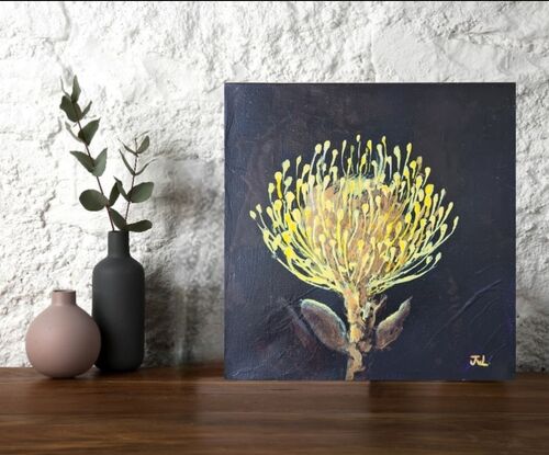 Golden crown - Pincushion Protea
Acrylic on canvas created in a loose ,free flowing interperative style. 
Ready to hang. Signed on the front and supplied with Certificate of Authenticity.Painted on all 4 sides on Gallery Wrapped Canvas, this original artwork comes to you ready to hang.