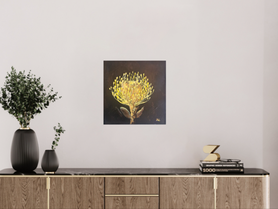 Golden crown - Pincushion Protea
Acrylic on canvas created in a loose ,free flowing interperative style. 
Ready to hang. Signed on the front and supplied with Certificate of Authenticity.Painted on all 4 sides on Gallery Wrapped Canvas, this original artwork comes to you ready to hang.