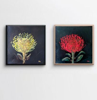 Golden crown - Pincushion Protea
Acrylic on canvas created in a loose ,free flowing interperative style. 
Ready to hang. Signed on the front and supplied with Certificate of Authenticity.Painted on all 4 sides on Gallery Wrapped Canvas, this original artwork comes to you ready to hang.