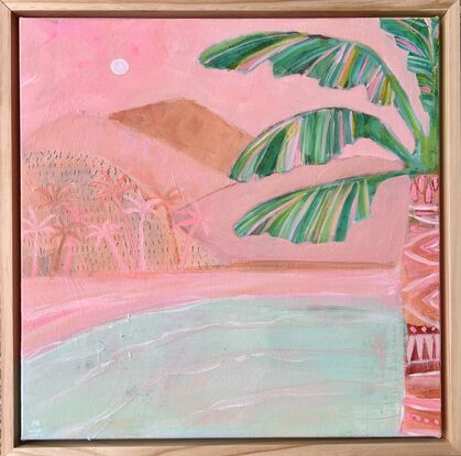 Pink sky in a coconut palm filled bay 